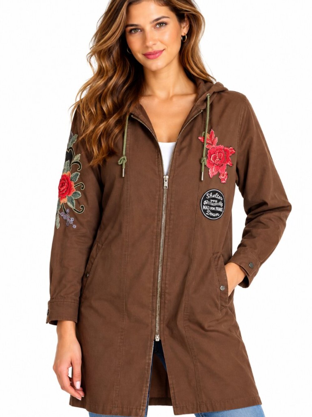 Boohoo Embroidered Jacket Brown Hooded Peacock Floral Patch US 6